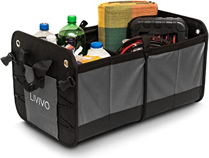 LIVIVO Premium Folding Boot Organiser – Large Heavy Duty 2 Compartment Folding Collapsible Car Van Vehicle Shopping Tidy Storage Case with Solid Non Slip Base, Side Pockets and Carry Handles