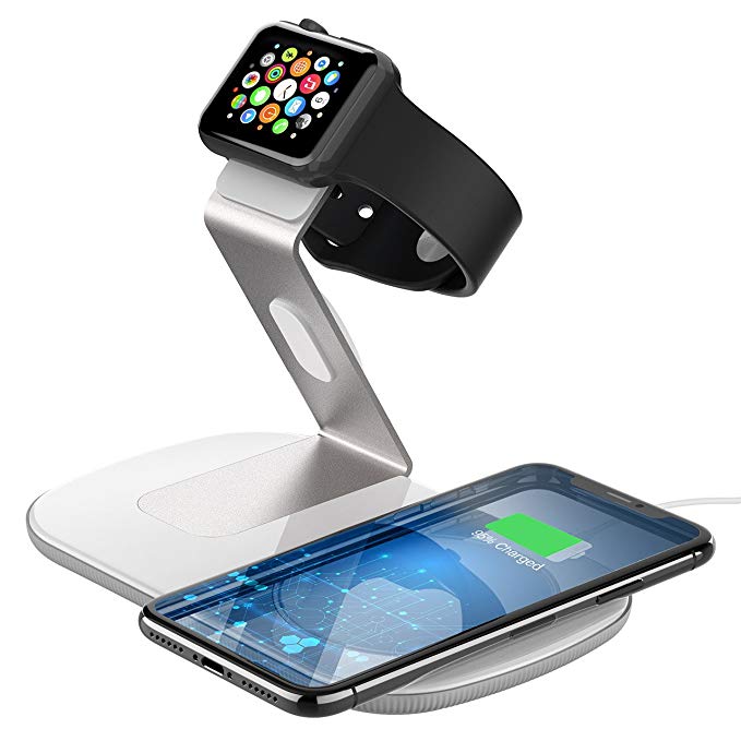 PICTEK 2 in 1 Wireless Charger for iWatch Series 4/3/2/1，Qi Fast Wireless Charging Station Compatible for iPhone Xs/XR/XS Max/X/8 Plus, 10W Fast Charger Samsung Galaxy Note9/8/7 S9/S9