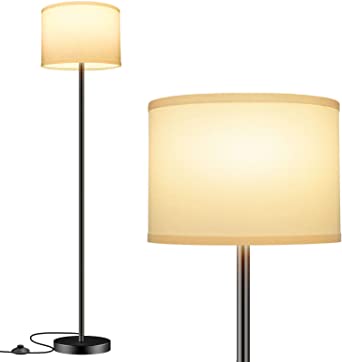 LED Floor Lamp Simple Design, Modern Standing Lamp with Shade,Tall Lamp for Living Room Bedroom Office Study Room, Black Pole Lights with Foot Switch, White Stand Up Lamp Fabric, E26 Base