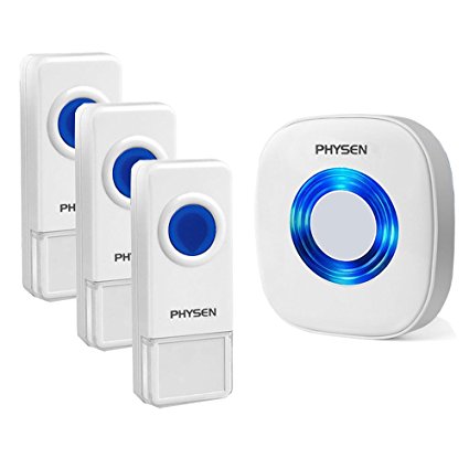 Physen Model CW Waterproof Wireless Doorbell kit with 3 Push Buttons and 1 Plugin Receiver,Operating at 1000 feet Long Range,4 Volume Levels and 52 Melodies Chimes,No Battery Required for Receiver