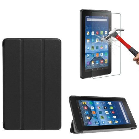 Fire Tablet Case 2015 with Screen Protector,Premium Leather Folio Tablet Stand Case Cover for Fire Tablet 7 inch Black
