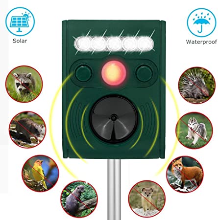 Ultrasonic Animal Repeller, FIERRE SAHNN Solar Animal Repeller with IP44 Waterproof, Motion PIR Sensor and Flashing LED Light for Raccoons, Squirrels, Dogs and Cats,etc.