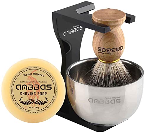 Anbbas 4in1 Shaving Kits Badger Shaving Brush Arcylic Safety Razor Stand Stainless Steel Shaving Bowl & Gift Shaving Soap