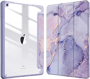 Fintie Hybrid Slim Case for iPad 9th / 8th / 7th Generation (2021/2020/2019) 10.2 inch - [Built-in Pencil Holder] Shockproof Cover with Clear Transparent Back Shell, Auto Wake Sleep (Lilac Marble)