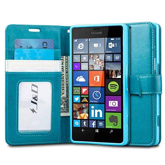J&D Case Compatible for Lumia 950 XL Case, [Wallet Stand] [Slim Fit] Heavy Duty Protective Shock Resistant Flip Cover Wallet Case for Lumia 950 XL Wallet Case - Aqua