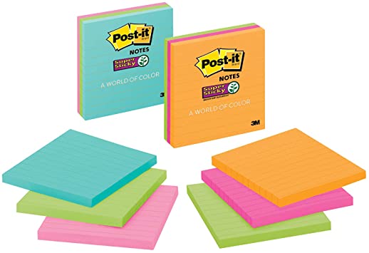 Post-it Super Sticky Notes, 4x4 in, 3 Pads, 2X the Sticking Power, Assorted Bright Colors, Lined (675-3SSMX)