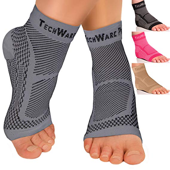Tech Ware Pro Ankle Brace Compression Sleeve - Relieves Achilles Tendonitis, Joint Pain. Plantar Fasciitis Foot Sock with Arch Support Reduces Swelling & Heel Spur Pain. Injury Recovery for Sports