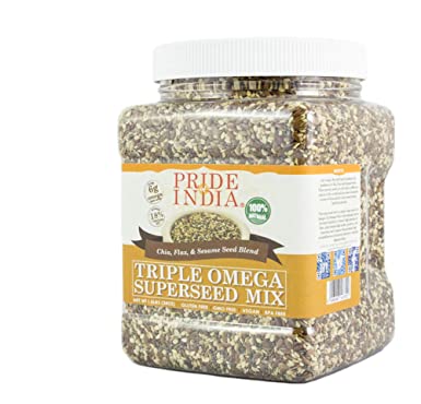 Pride Of India - Triple Omega Superseed Mix - Protein, Fiber, Calcium, Iron, Omega-3, Omega-6, & Thiamin Rich Superfood w/ Chia Flax & Sesame Seeds, 2.75 Pound (44oz) Jar