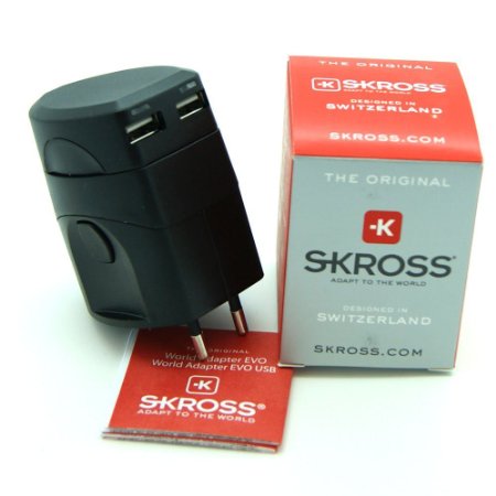 Skross World Travel Adapter 2 with Dual USB Charger. Swiss Designed For Safety and Quality. Charge iPads, iPhones, iPods, Blackberrys and Other USB Devices in Over 150 Countries