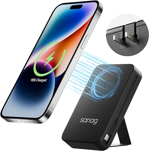 Sanag Wireless Portable Charger Power Bank 10000mAh with Built-in Cables, Magnetic Battery Pack with LED Display, AC Plug Input & 4 Output 22.5W PD Fast Charging Compatible with iPhone Android Phone