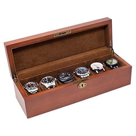 Caddy Bay Collection Vintage Wood Solid Top Watch Box Case Holds 6 Large Watches - Adjustable Soft Pillows - High Clearance