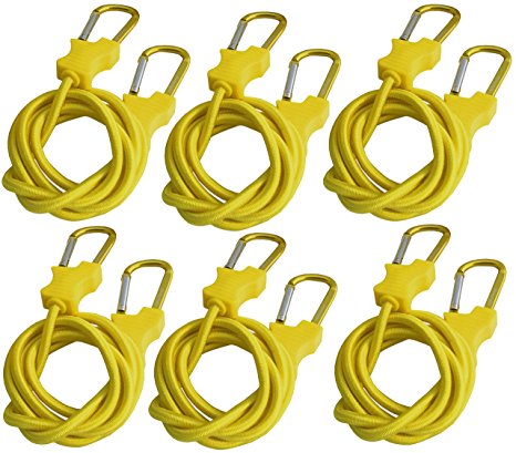 Bungee Cord with Carabiners Super Long 60" Set of 6 | UV Treated with Superior Latex Core which Lasts Longer than Flat Bungees | Strong Wide Mouth Carabiner Locks onto Anchor Points with Ease