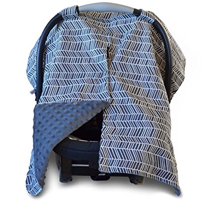 2 in 1 Carseat Canopy Cover and Nursing Cover- Large Herringbone Print with Grey Minky | Best Infant Carrier Canopy, Boy or Girl | All Weather Car Seat Cover | Baby Shower Gift for Breastfeeding Moms