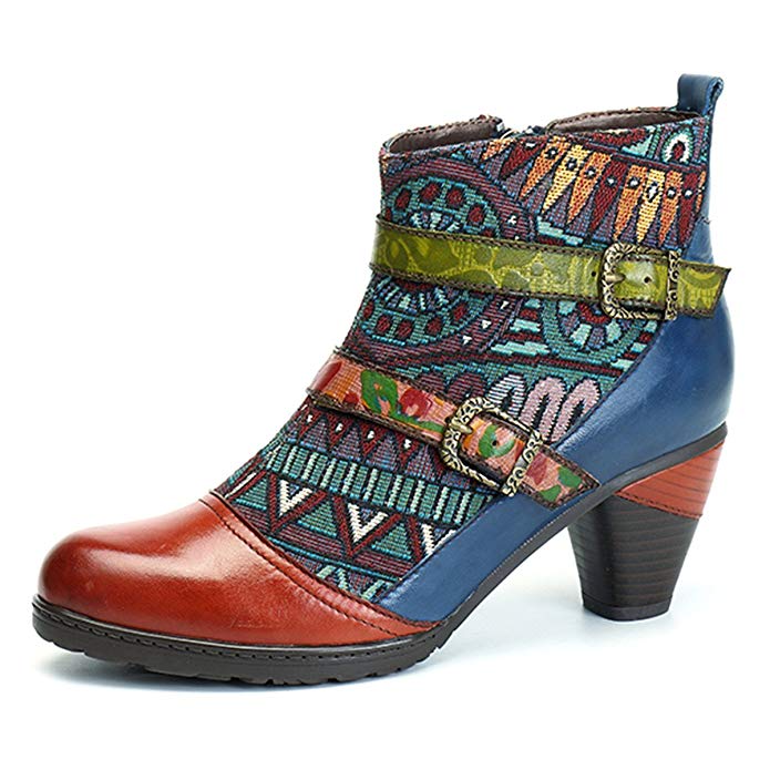 socofy Block Heel Ankle Booties,Women's Bohemian Splicing Pattern Side Zipper High Block Heel Ankle Leather Boots