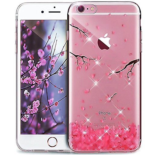 iPhone 8 Plus Case,iPhone 7 Plus Case,ikasus Cherry Blossom Handmade Glitter Bling Crystal Rhinestone Diamonds Silicone Bumper Rubber TPU Case Clear Soft Floral TPU Cover for iPhone 8 Plus / 7 Plus