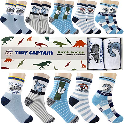 Tiny Captain Boy Socks Dinosaur And Cars Kids Socks 4-7 & 7-10 Year Old Cotton Crew Sock Perfect Age 4-10 Gift Set