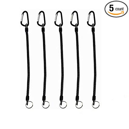 Muzata 5PCS Black Fishing Lanyards with Carabiner,Safety Rope Wire, Retractable Coiled Tether for Pliers Grippers,Fish Tackle Tools