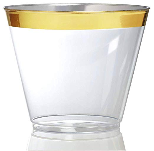 100 Gold Plastic Cups 9 Oz Clear Plastic Cups Fancy Disposable Wedding Cups Elegant Party Cups with Gold Rim Old Fashioned Tumblers Gold Rimmed Cups