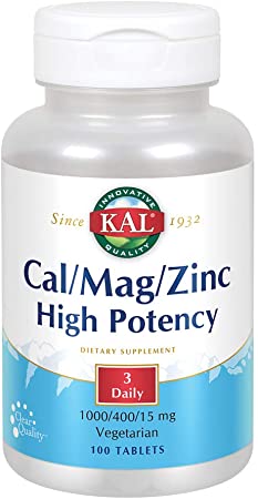 KAL Cal/Mag/Zinc | 1000mg Calcium, 400mg Magnesium & 15mg Zinc | Bone, Muscle, Heart & Immune Support | 100ct, 33 Serv