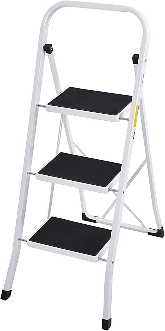 Sturdy Step Ladder 3 Step Heavy Duty Folding 3 Step Stool Home Kitchen Step Ladders, White