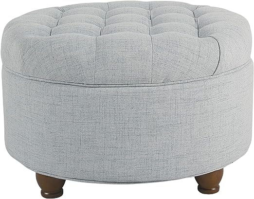 Homepop Home Decor | Large Button Tufted Woven Round Storage Ottoman | Ottoman with Storage for Living Room & Bedroom (Light Blue)