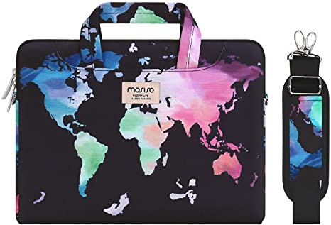 MOSISO Laptop Shoulder Bag Compatible with MacBook Pro/Air 13 inch, 13-13.3 inch Notebook Computer, World Map Carrying Briefcase Sleeve with Trolley Belt