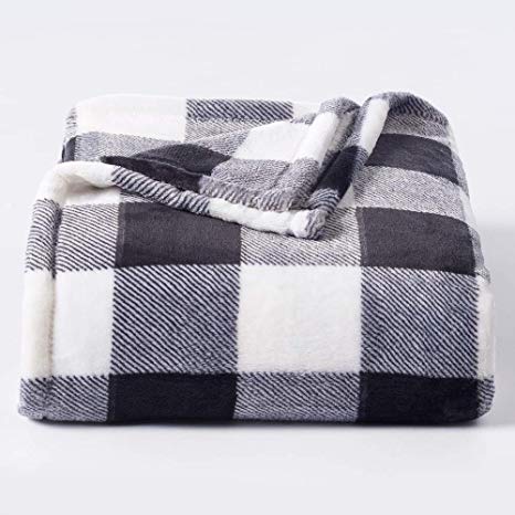 The Big One Oversized Plush Throw 2018 (Black White Buffalo Check) - 5ft x 6ft Super Soft and Cozy Micro-Fleece Blanket for Couch or Bedroom