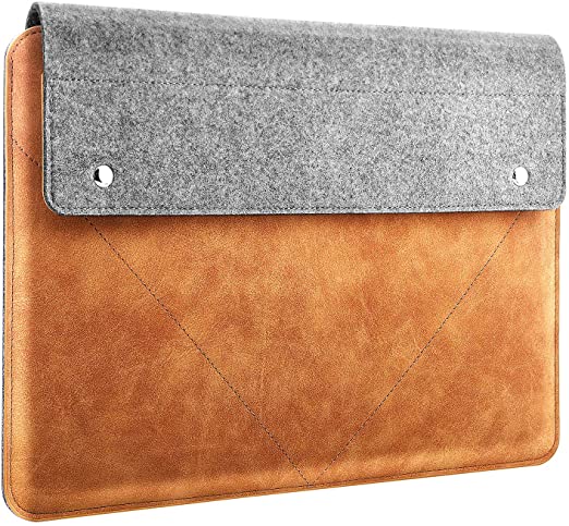 MoKo Laptop Sleeve Fits 2019 MacBook Pro 16 Inch, MacBook Pro 15.4", Surface Book 3/2 15", Surface Laptop 3 15" 2019, HP Chromebook 14, Felt and PU Leather Case Bag with Pocket - Gray & Brown