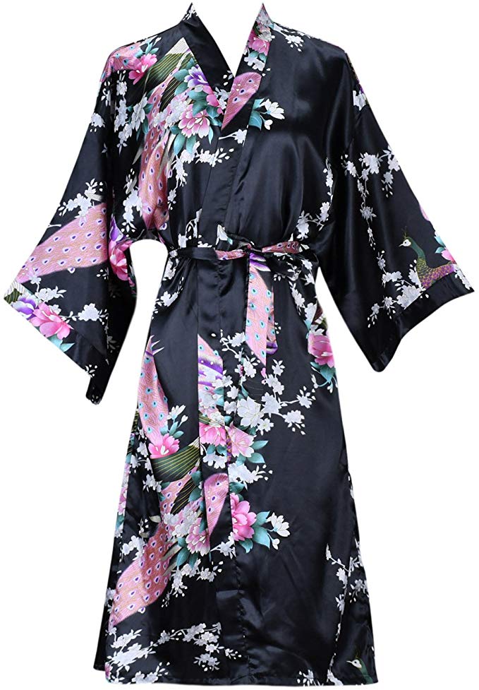 ellenwell Women's Kimono Robe Peacock & Blossoms Satin Nightwear