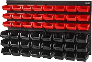 VEVOR Wall Mounted Storage Bins, 48-Bin Parts Rack Organizer Garage Plastic Shop Tool with Wall Panels, Tool Organizer for Nuts, Bolts, Screws, Nails, Beads, Buttons, Other Small Parts, Black and Red