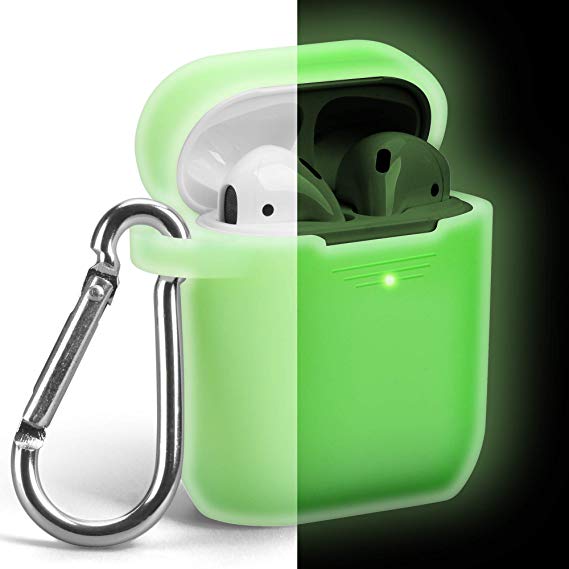 Airpods Case, GMYLE Silicone Protective Shockproof Wireless Charging Airpods Earbuds Case Cover with Keychain kit Set Compatible for Apple AirPods 2 & 1 - Night Glow Neon Green [Front LED Visible]