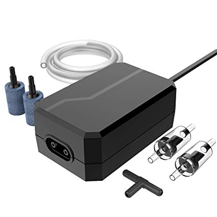 Homasy Upgraded Ultra Silent Aquarium Air Pump, Easy to Use Quietest High Energy Saving Oxygen Pump for Fresh & Saltwater with 2 Air Outlets/Stones/Tubes/Check Valves and 3-Way Connector