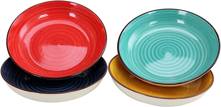 Gibson Home Color Speckle 4 Piece 10.25 Inch Multi Color Stoneware Pasta Serving Bowl Dish Set, Blue, Yellow, Red, and Turquoise