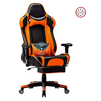 Computer Gaming Chair High Back Computer Racing Chair Ergonomic Adjustable Executive Swivel PC Chair with Headrest,Massager Lumbar Support,Retractible Footrest (Orange-1)