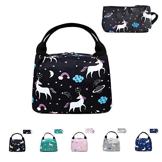 Reusable Lunch Bag Insulated Lunch Box Cute Lunch Tote, Easy to Clean and Folds Flat, Printed Lunch Handbag for Adult Woman Man Work Pinic or Travel, 2 Pack (Unicorn-black)