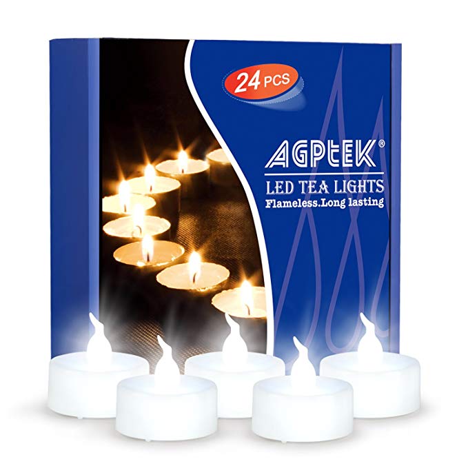 AGPtEK No flicker Flameless LED Tealights Candles Battery-Operated Long Lasting Tealights for Wedding Holiday Party Home Decoration 24pcs (Cool White)