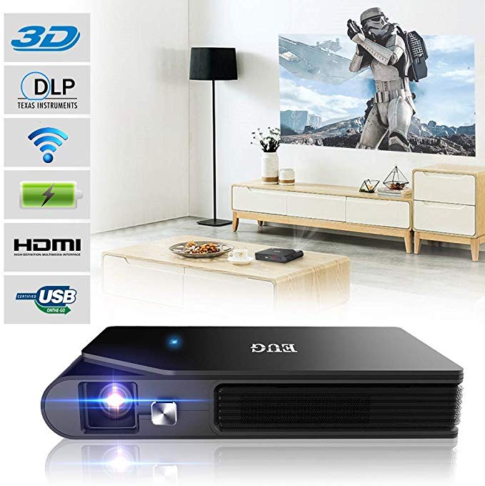 Wireless Portable Mini DLP Projector LED HD 3D Video Projector with Built in Speakers Rechargeable Battery HDMI USB SD Wifi Airplay for Home Cinema Party Outdoor Movie Travel Camp Gaming Presentations