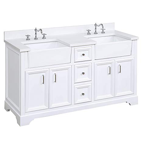 Zelda 60-inch Double Bathroom Vanity (Quartz/White): Includes a Quartz Countertop, White Cabinet with Soft Close Doors & Drawers, and White Ceramic Farmhouse Apron Sinks
