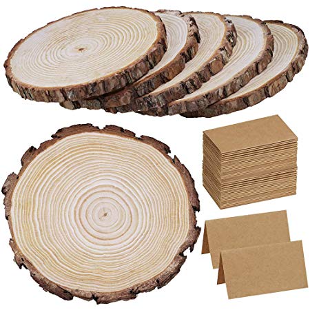 6 Pcs 9"-11" Wide Large Natural Round Wood Slices with Bark Pine Wood Slices Table Mat with 50 Pcs Kraft Place Cards for for Wedding Centerpiece DIY Woodland Projects Table Chargers Country Decor