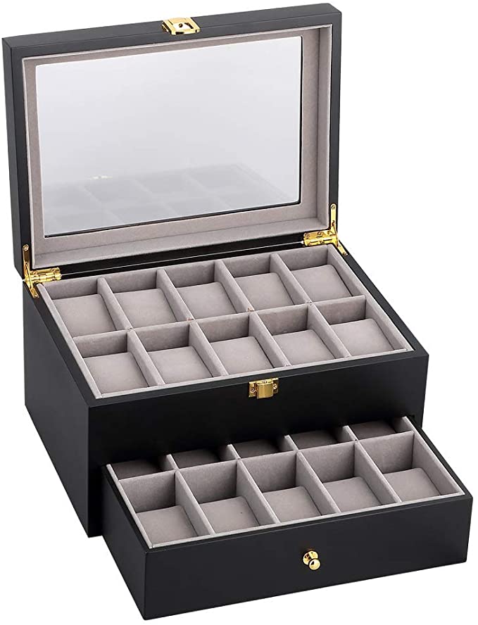 Uten 20 Wooden Watch Storage Box 2 Layers Organizer Collection Jewelry with Glass Lid Mens