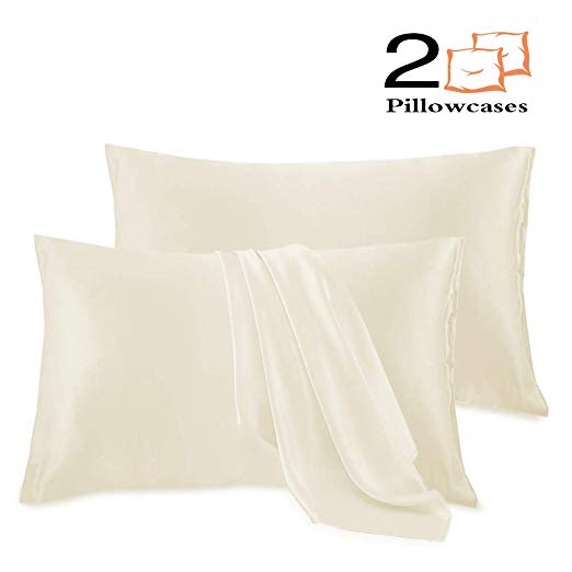 Leccod 2 Pack Silk Satin Pillowcase for Hair and Skin Cool Super Soft and Luxury Pillow Cases Covers with Envelope Closure (Beige, Standard: 20x26)