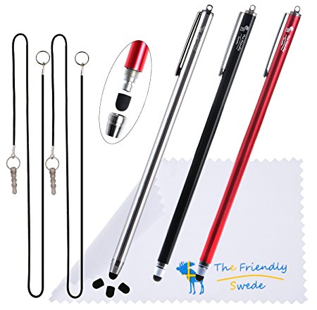 The Friendly Swede Extra Long - Bundle of 3 Premium XXL Thin-Tip High Precision Universal Capacitive Stylus Pens 7.3''   Extra 3 Replaceable Tips   2 x 15'' Elastic Tether Lanyards   Cleaning Cloth in Retail Packaging (Red   Black   Silver)