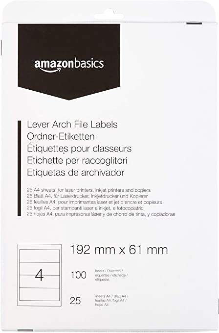 AmazonBasics Self-Adhesive Lever Arch File Labels, 192mm x 61mm, 25 Sheets, 4 Label per Sheet, 100 Labels