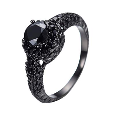 JunXin 10KT Black Gold 8MM Round Cut Diamond Halo Rings Black Onyx Stone Size6/7/8/9/10