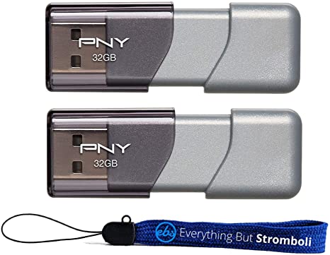 PNY USB 3.0 Flash Drive Elite Turbo Attache 3 Two Pack Bundle with (1) Everything But Stromboli Lanyard (32GB 2 Pack, Gray)