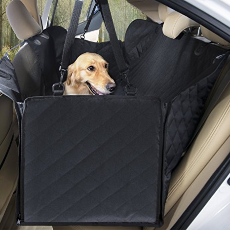 Dog Car Seat Cover Luxury Pet Seat Cover with Mesh Window, Side Flap, 4 straps, 600D Heavy Duty Waterproof Scratch Proof Nonslip Pet Seat Cover Hammock for Cars SUVs and Trucks