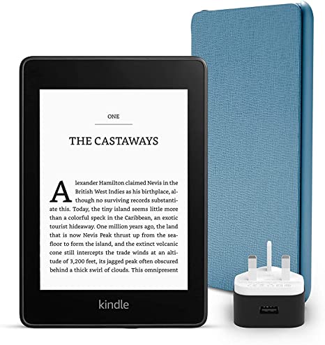 Kindle Paperwhite Essentials Bundle including a Kindle Paperwhite, 8 GB, with Special Offers, with Wi-Fi, an Amazon Leather Cover (Twilight Blue) and an Amazon Powerfast 9W Power Adapter