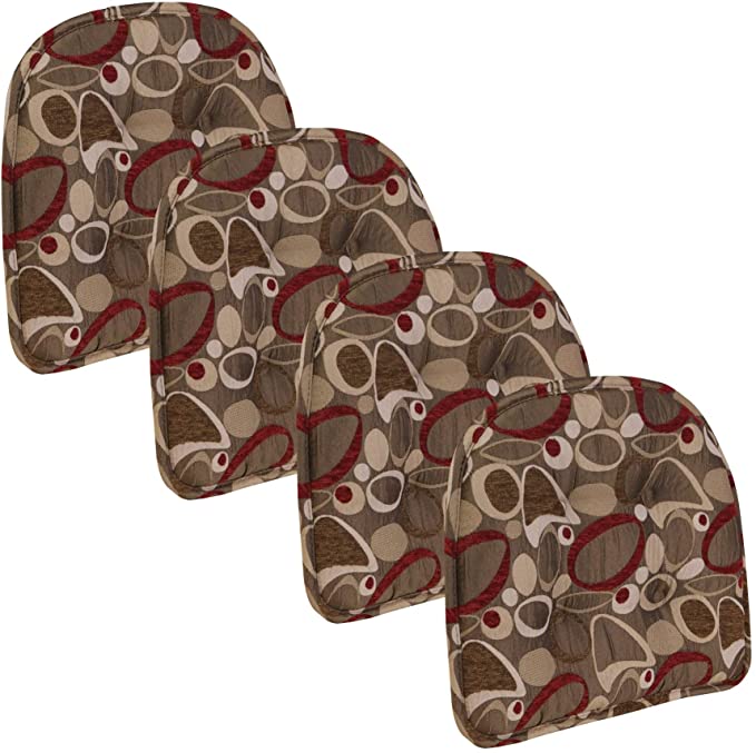 MISC Non-Slip 15" X 16" Chenille Red Circles Tufted Chair Cushions Set of 4 Brown Abstract Polyester Ties