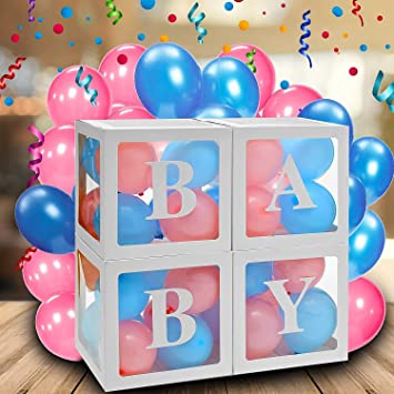 EVISWIY 4PCS Baby Shower Decorations Boxes Transparent Large Balloons Blocks for Boy Girl Gender Reveal Mermaid Unicorn 1st Baby Birthday Decor with 3 Set Letters 30PCS Balloons