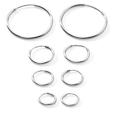 4-Pairs Cartilage/Nose/Lips Sterling Silver 925 Small Endless Hoop Earrings 10mm, 12mm, 14mm & 20mm